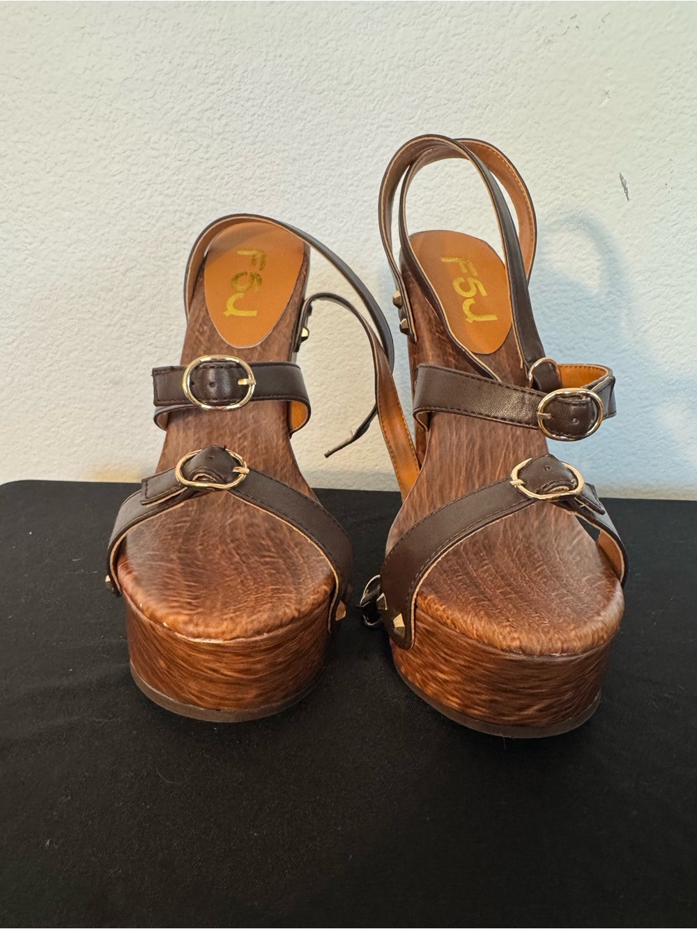 FSJ Dark Brown Leather Platform Sandals with Gold Buckles